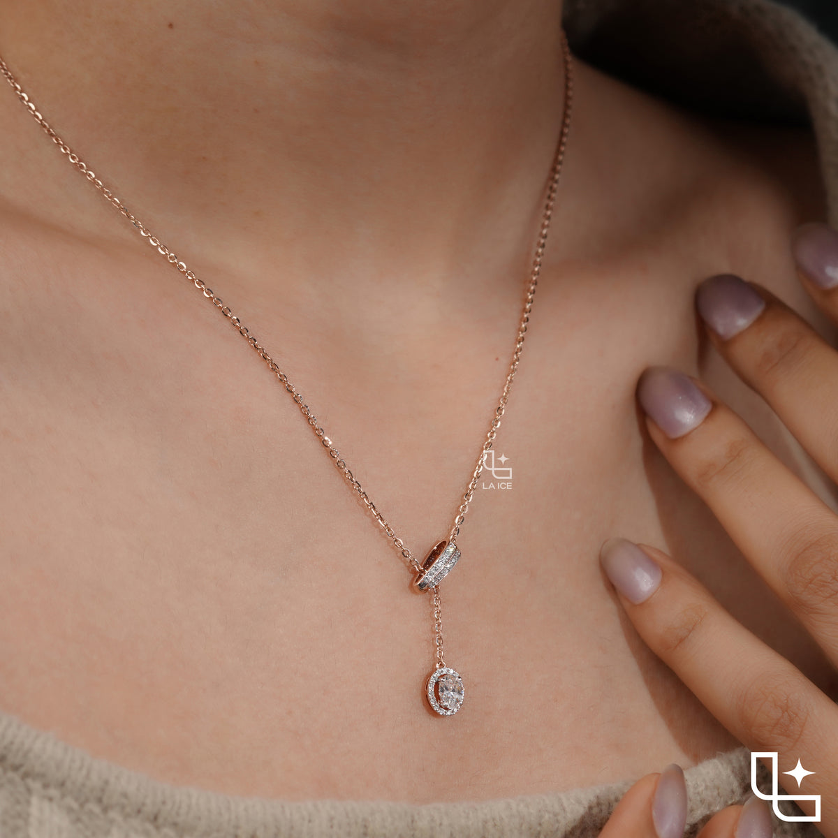 Round Halo Drop Diamond Necklace – Rose Gold Diamond Necklace | Elegant Halo Diamond Pendant for Women
