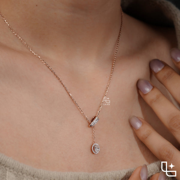 Round Halo Drop Diamond Necklace – Rose Gold Diamond Necklace | Elegant Halo Diamond Pendant for Women