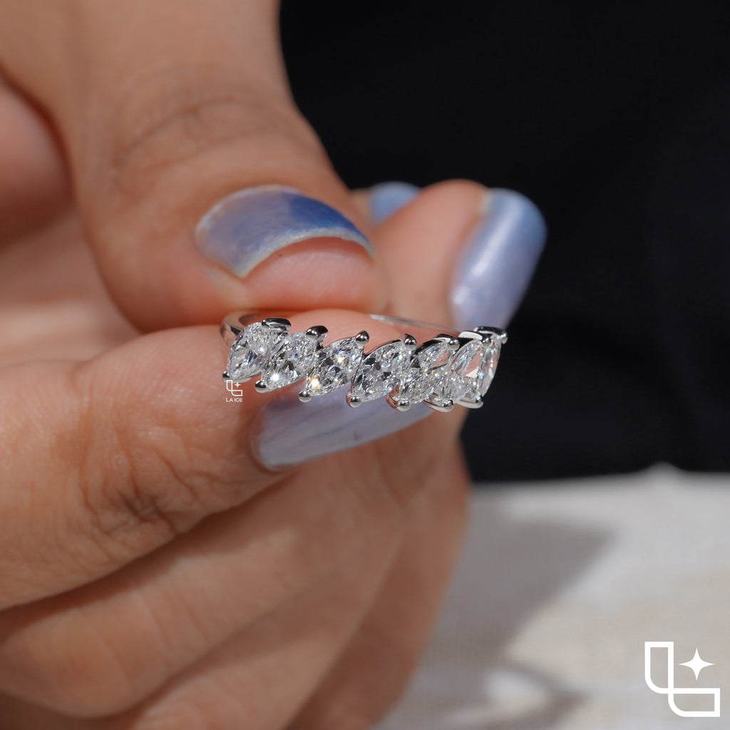 Marquise Cut Eternity Band Ring, Diagonal Stone Wedding Band