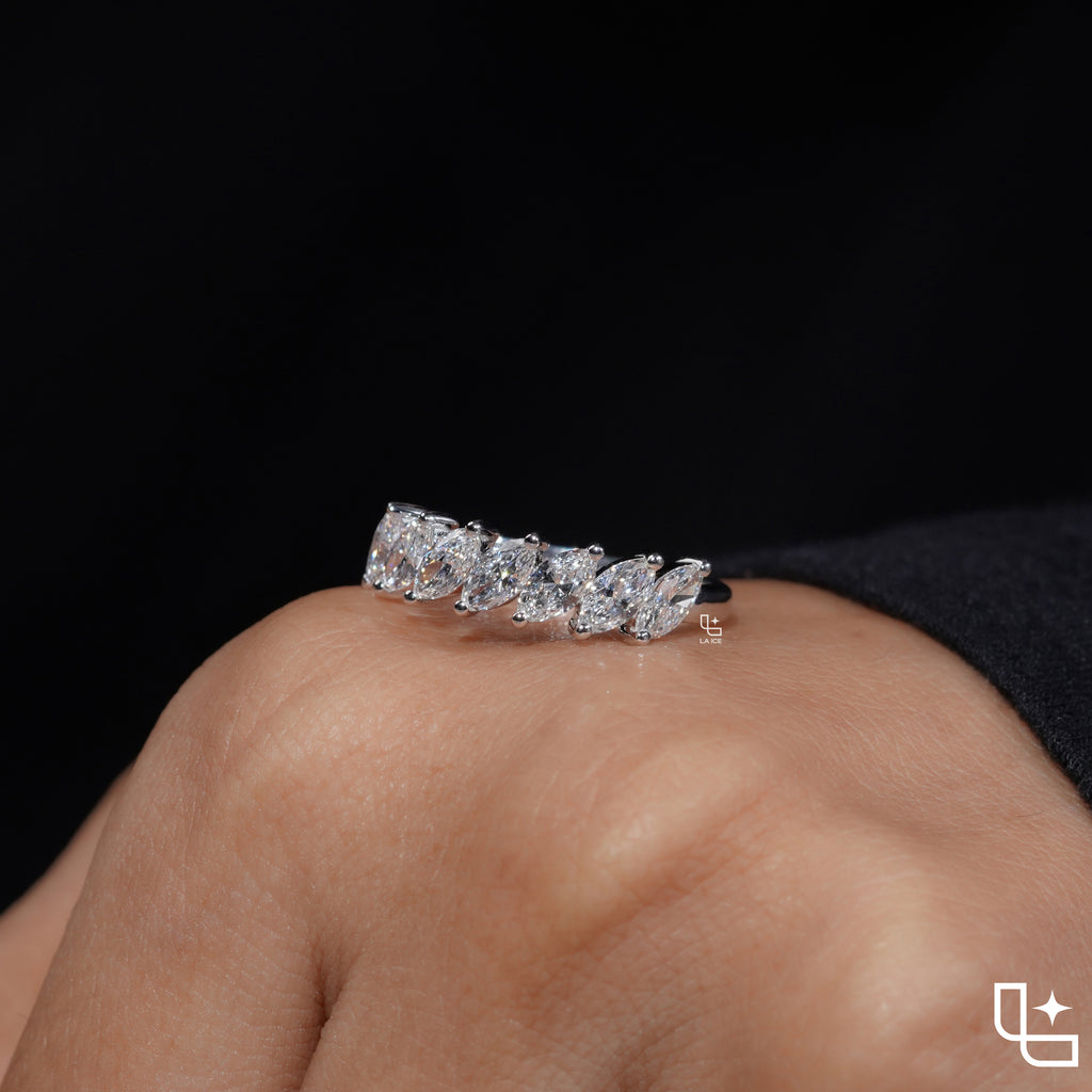 Marquise Cut Eternity Band Ring, Diagonal Stone Wedding Band