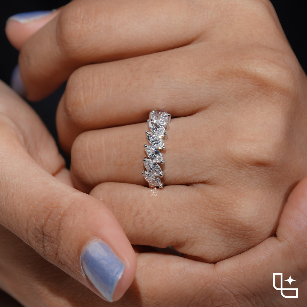 Marquise Cut Eternity Band Ring, Diagonal Stone Wedding Band