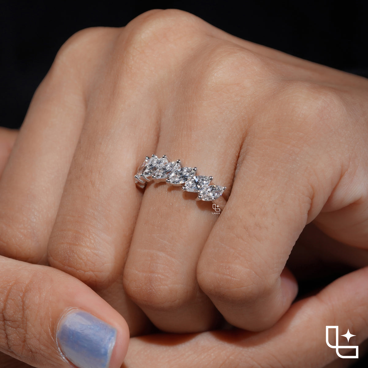 Marquise Cut Eternity Band Ring, Diagonal Stone Wedding Band