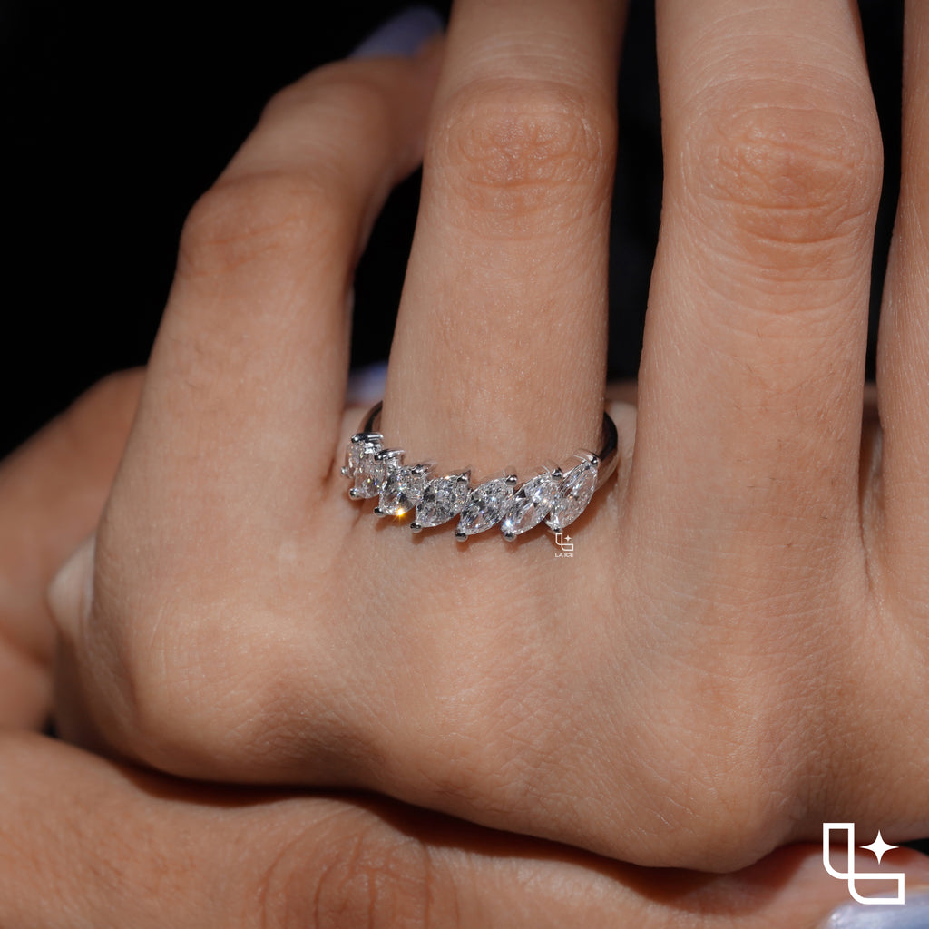 Marquise Cut Eternity Band Ring, Diagonal Stone Wedding Band