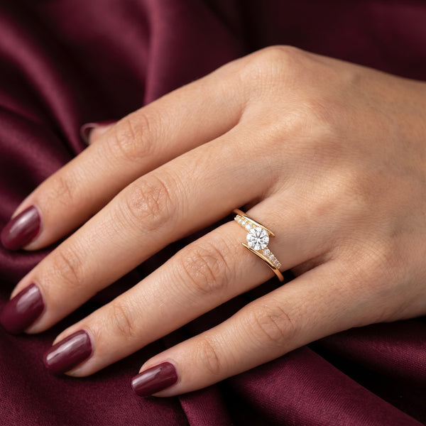 Round Solitaire Crossover Ring with Curved Pavé Accent Band, 0.50 CT Diamond Weight, 2.50 g Metal Weight