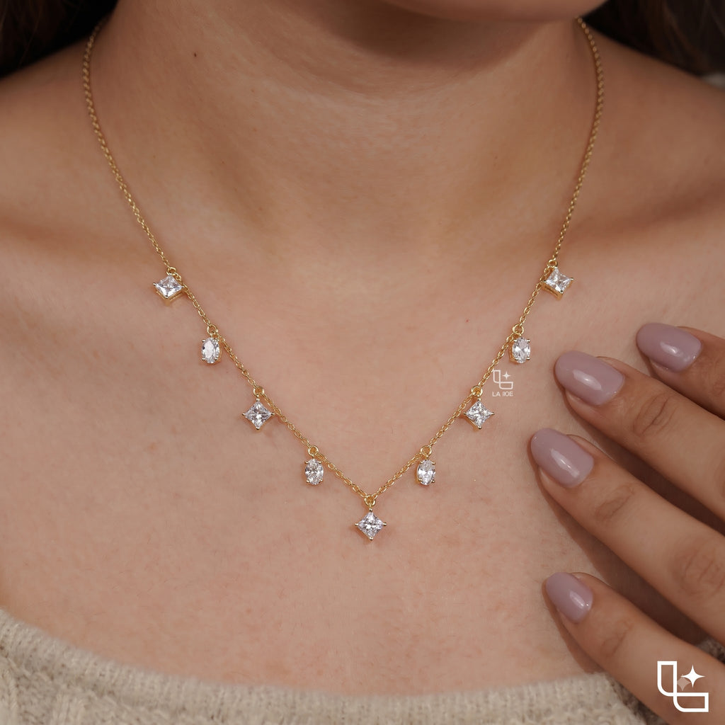 Multi-Stone Drop Necklace with Dainty Chain, 1.50 CT