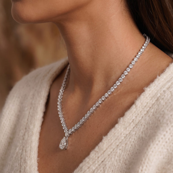 Round Diamond Tennis Necklace with Pear Drop Pendant, 10 CT Total Diamond Weight