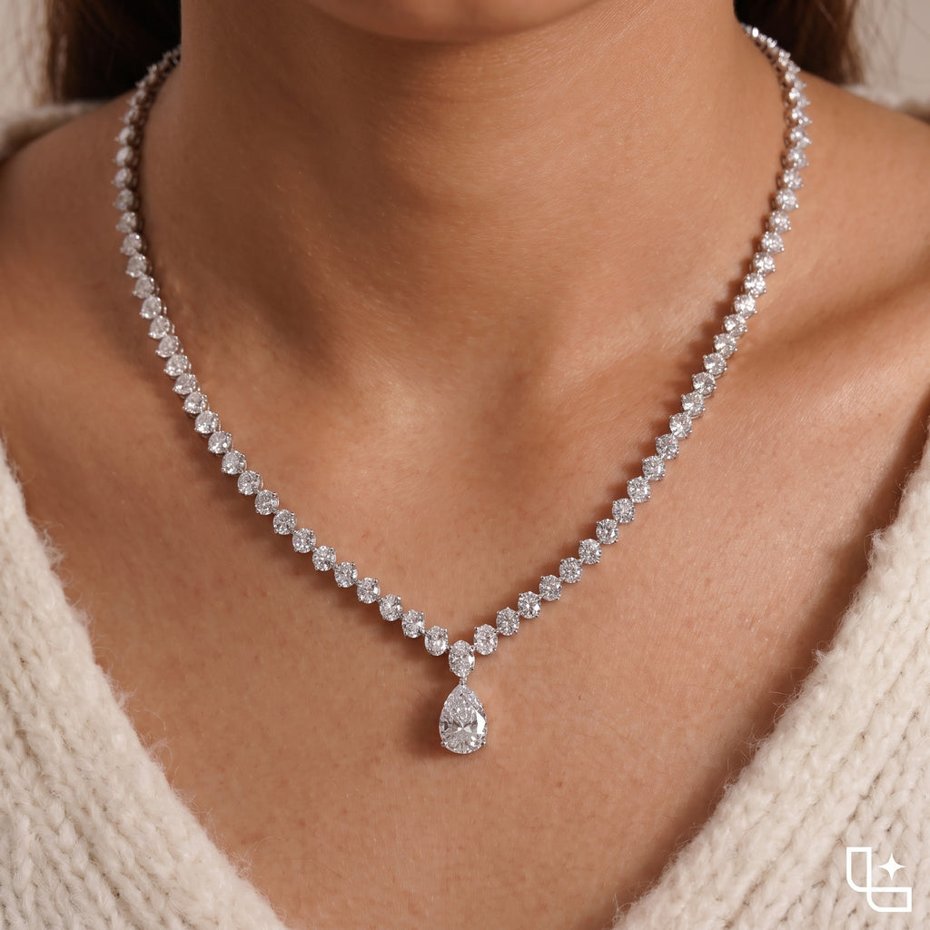 Round Diamond Tennis Necklace with Pear Drop Pendant, 10 CT Total Diamond Weight