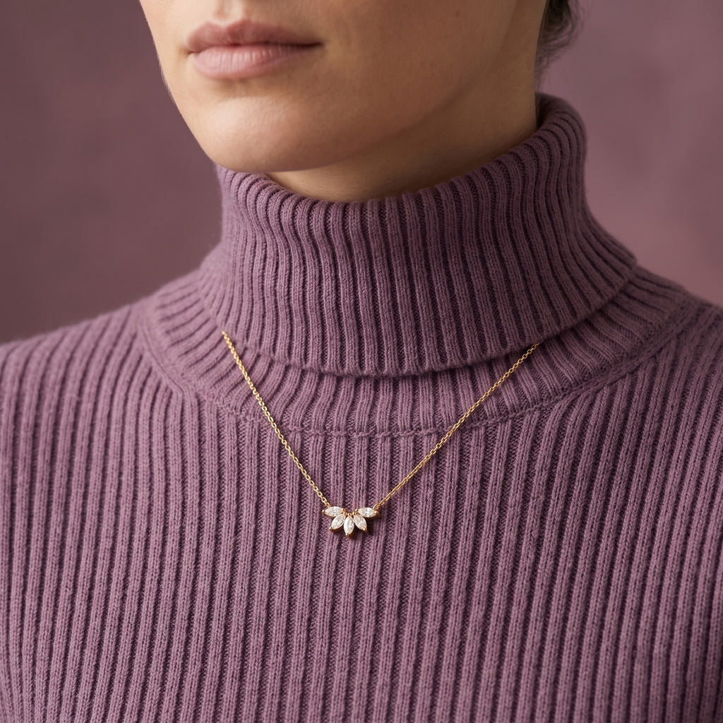 Floral Marquise Pendant Necklace with Delicate Chain – 0.30 CT Diamond, 2 g Metal