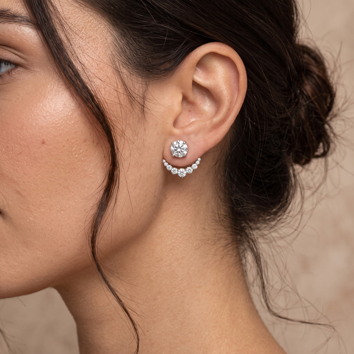 Round Center Stud Earrings with Curved Pavé Diamond Jackets, 2.00 CT Diamond Weight, 4 g Metal Weight