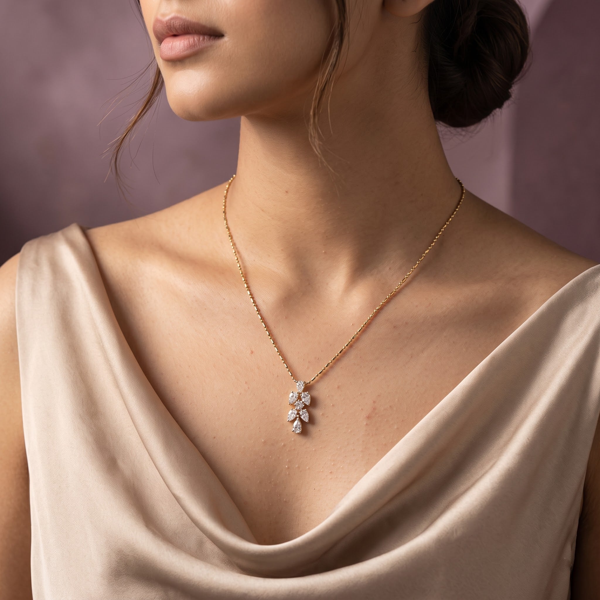 Floral Marquise Leaf Pendant Necklace with Delicate Chain, 0.40 CT Diamond Weight, 2.50 g Metal Weight Secondary image