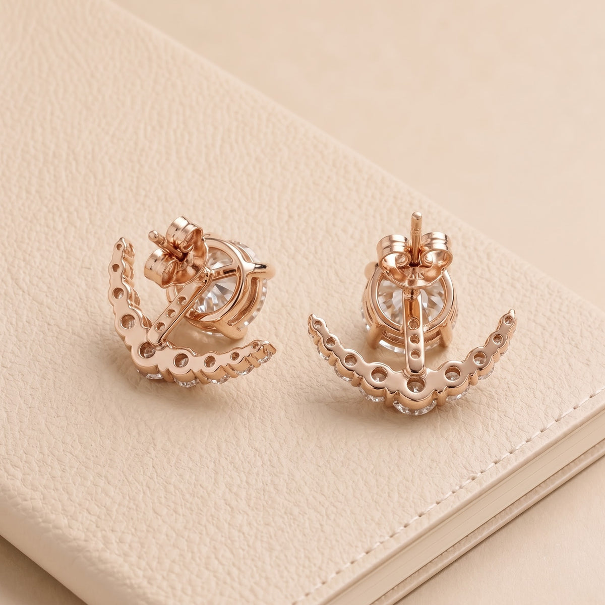 Round Center Stud Earrings with Curved Pavé Diamond Jackets, 2.00 CT Diamond Weight, 4 g Metal Weight