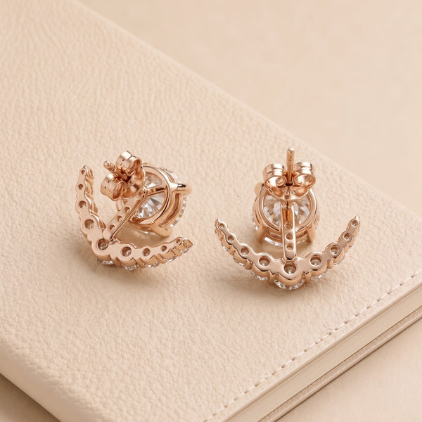 Round Center Stud Earrings with Curved Pavé Diamond Jackets, 2.00 CT Diamond Weight, 4 g Metal Weight
