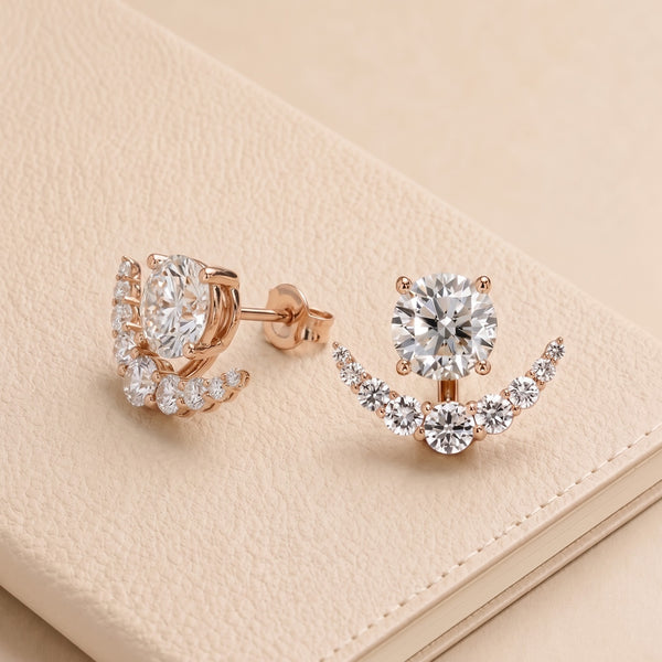 Round Center Stud Earrings with Curved Pavé Diamond Jackets, 2.00 CT Diamond Weight, 4 g Metal Weight