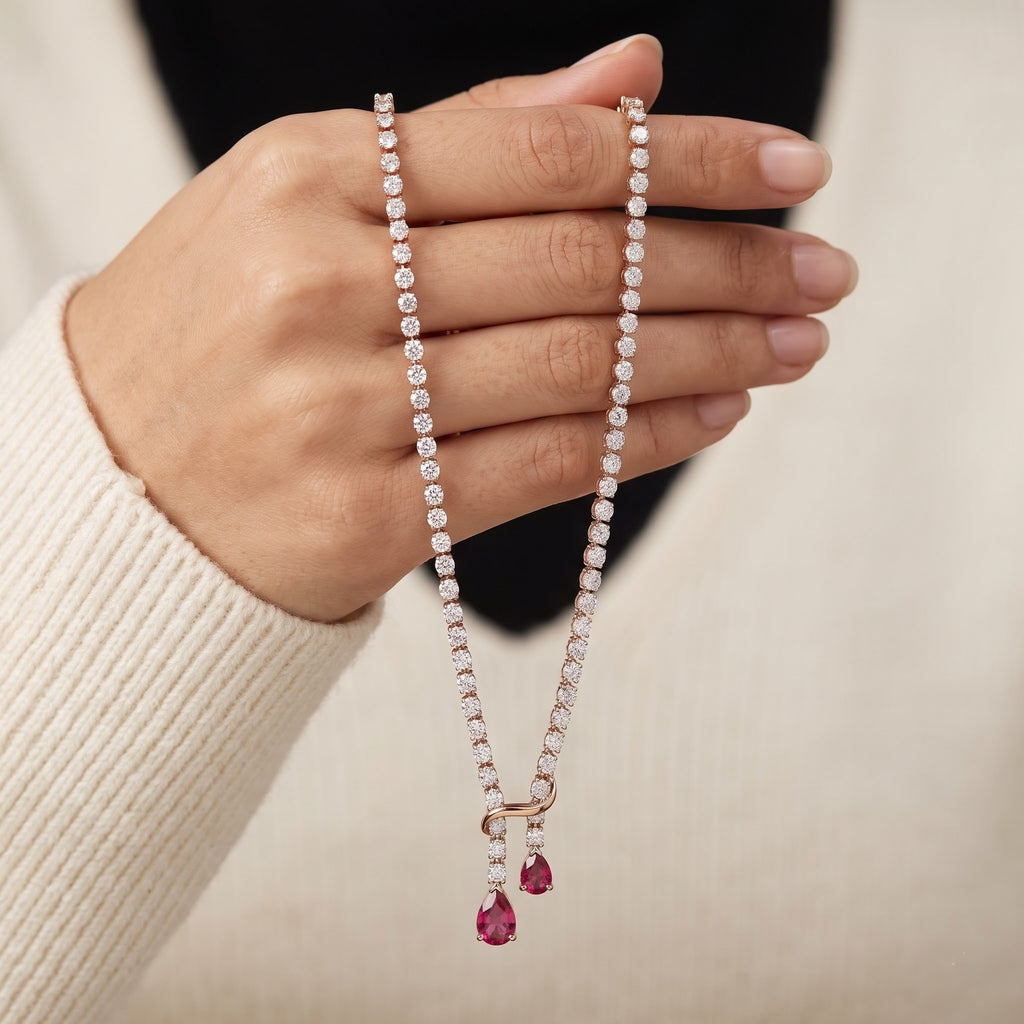 Tennis Necklace with Double Pear Drop Pendant