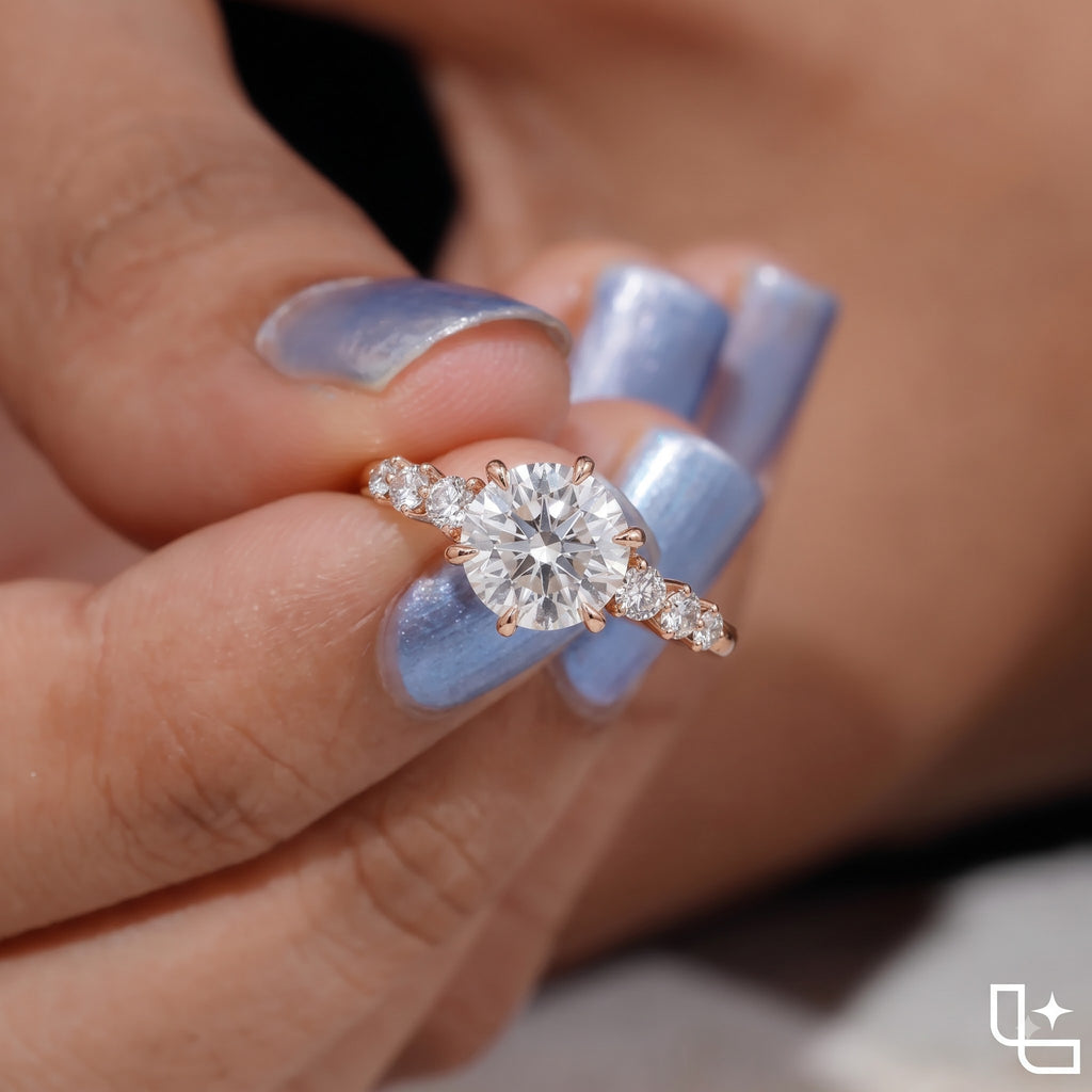 Round Cut Three Stone Engagement Ring with Graduated Side Diamonds, 1.75 CT Total Diamond Weight