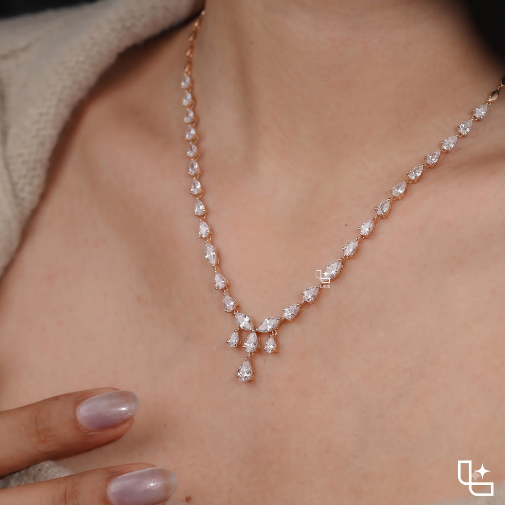 Pear and Marquise Cut Graduated Drop Necklace with Cascading Stone Design, 8 CT Total Diamond Weight