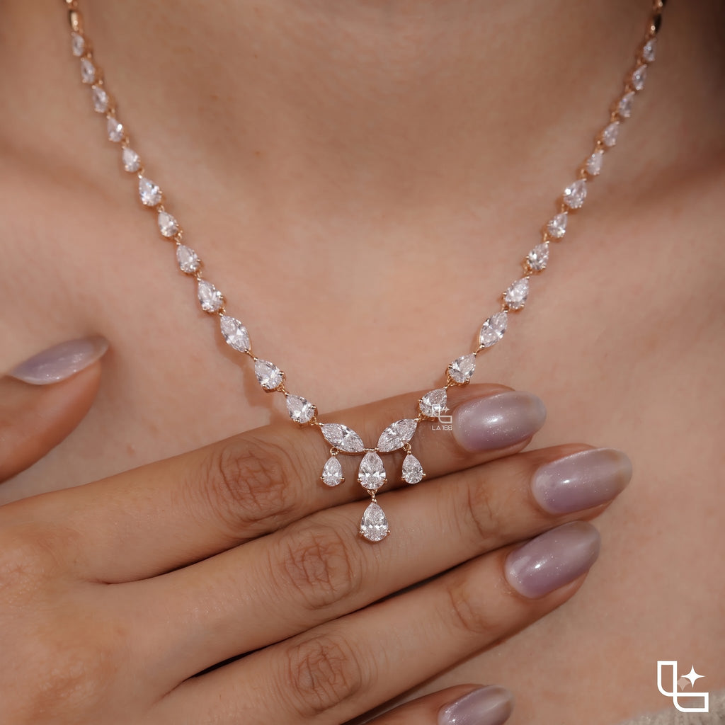 Pear and Marquise Cut Graduated Drop Necklace with Cascading Stone Design, 8 CT Total Diamond Weight
