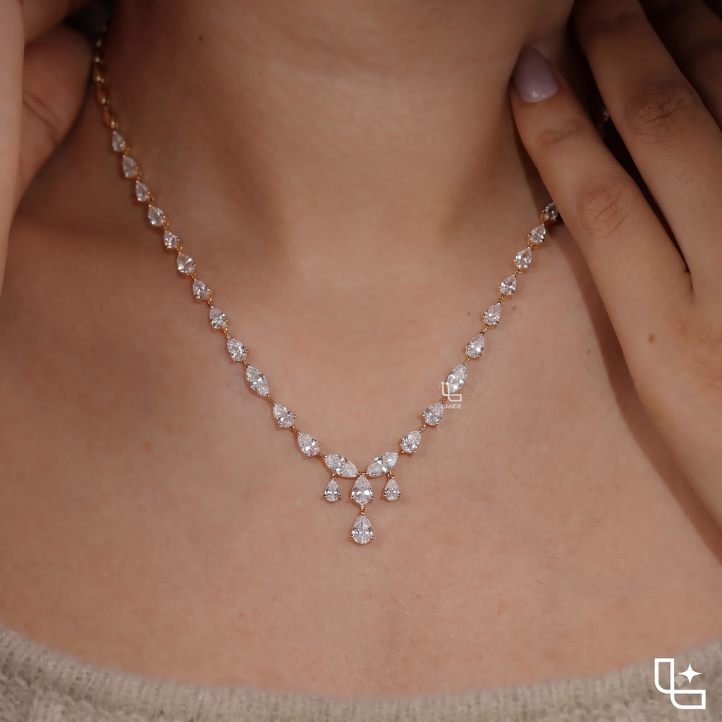 Pear and Marquise Cut Graduated Drop Necklace with Cascading Stone Design, 8 CT Total Diamond Weight