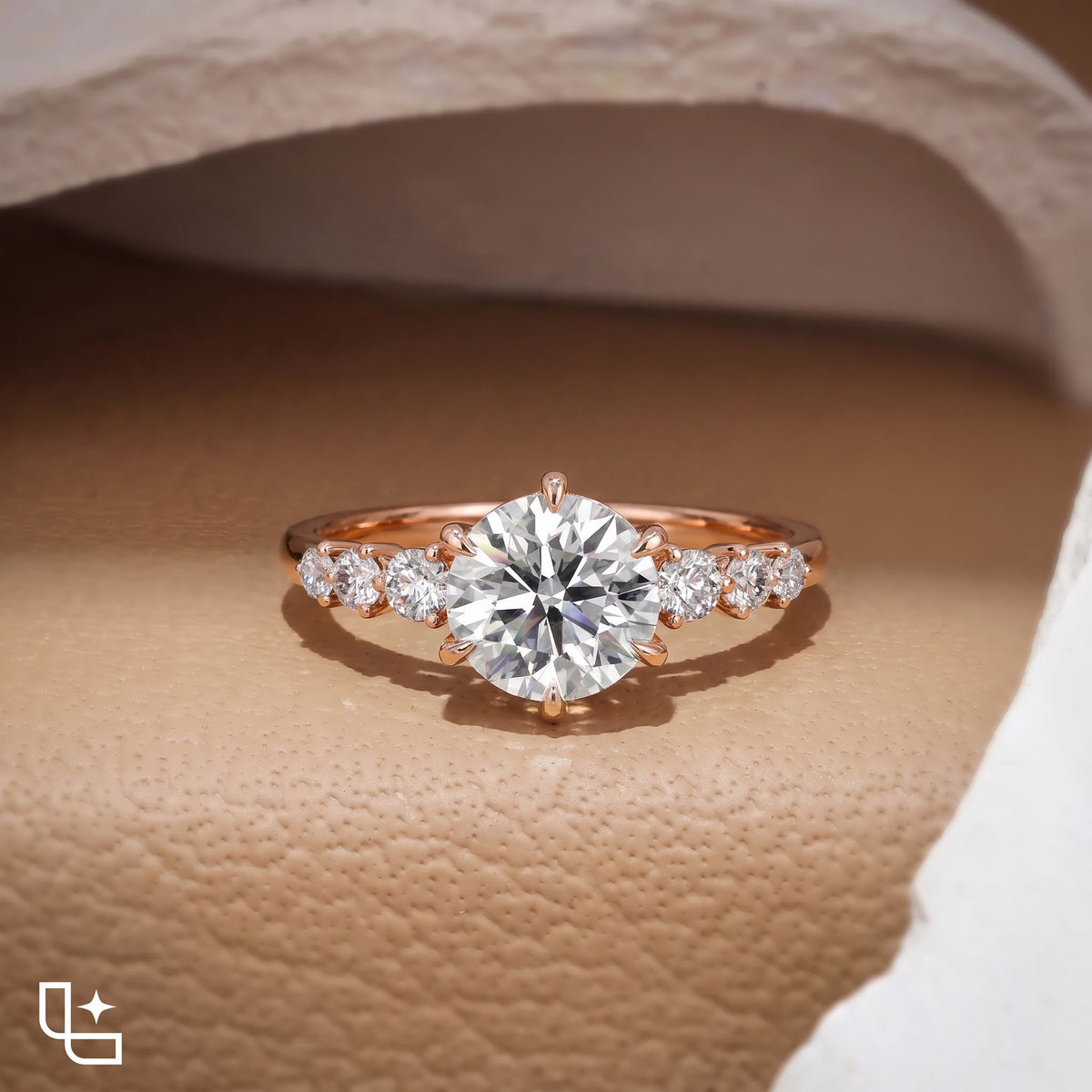Round Cut Three Stone Engagement Ring with Graduated Side Diamonds, 1.75 CT Total Diamond Weight