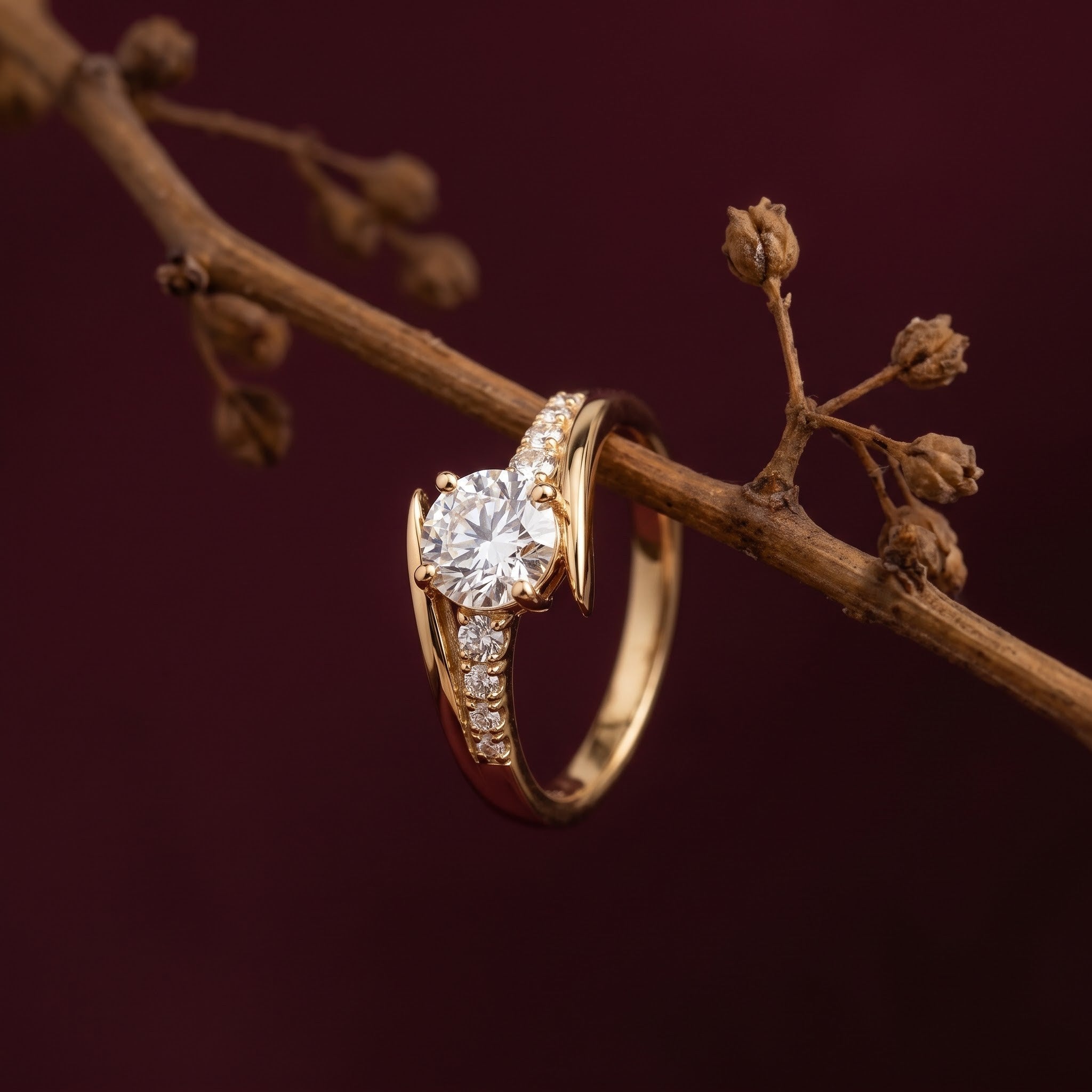 Round Solitaire Crossover Ring with Curved Pavé Accent Band, 0.50 CT Diamond Weight, 2.50 g Metal Weight Secondary image