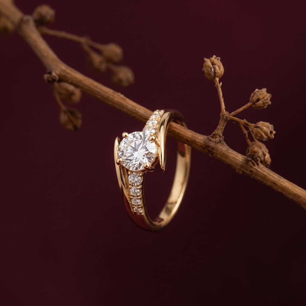Round Solitaire Crossover Ring with Curved Pavé Accent Band, 0.50 CT Diamond Weight, 2.50 g Metal Weight