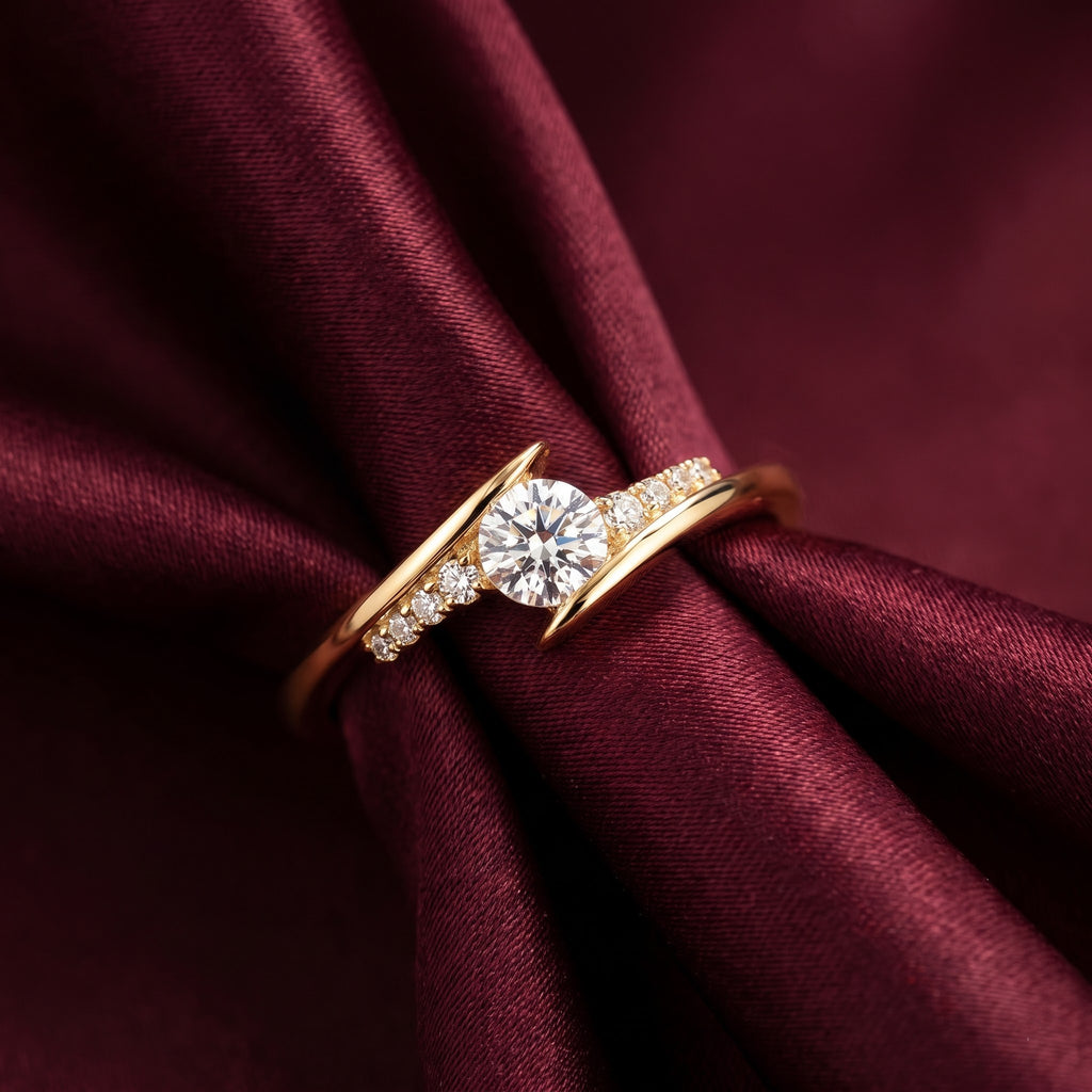 Round Solitaire Crossover Ring with Curved Pavé Accent Band, 0.50 CT Diamond Weight, 2.50 g Metal Weight