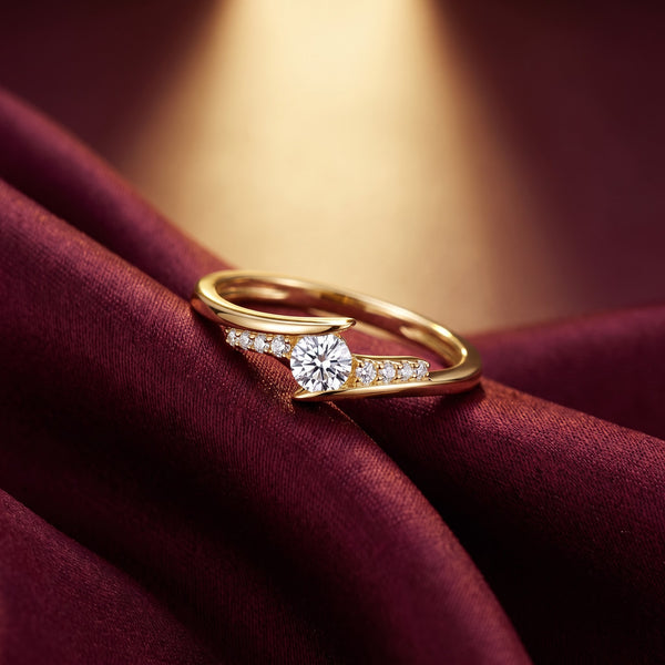 Round Solitaire Crossover Ring with Curved Pavé Accent Band, 0.50 CT Diamond Weight, 2.50 g Metal Weight