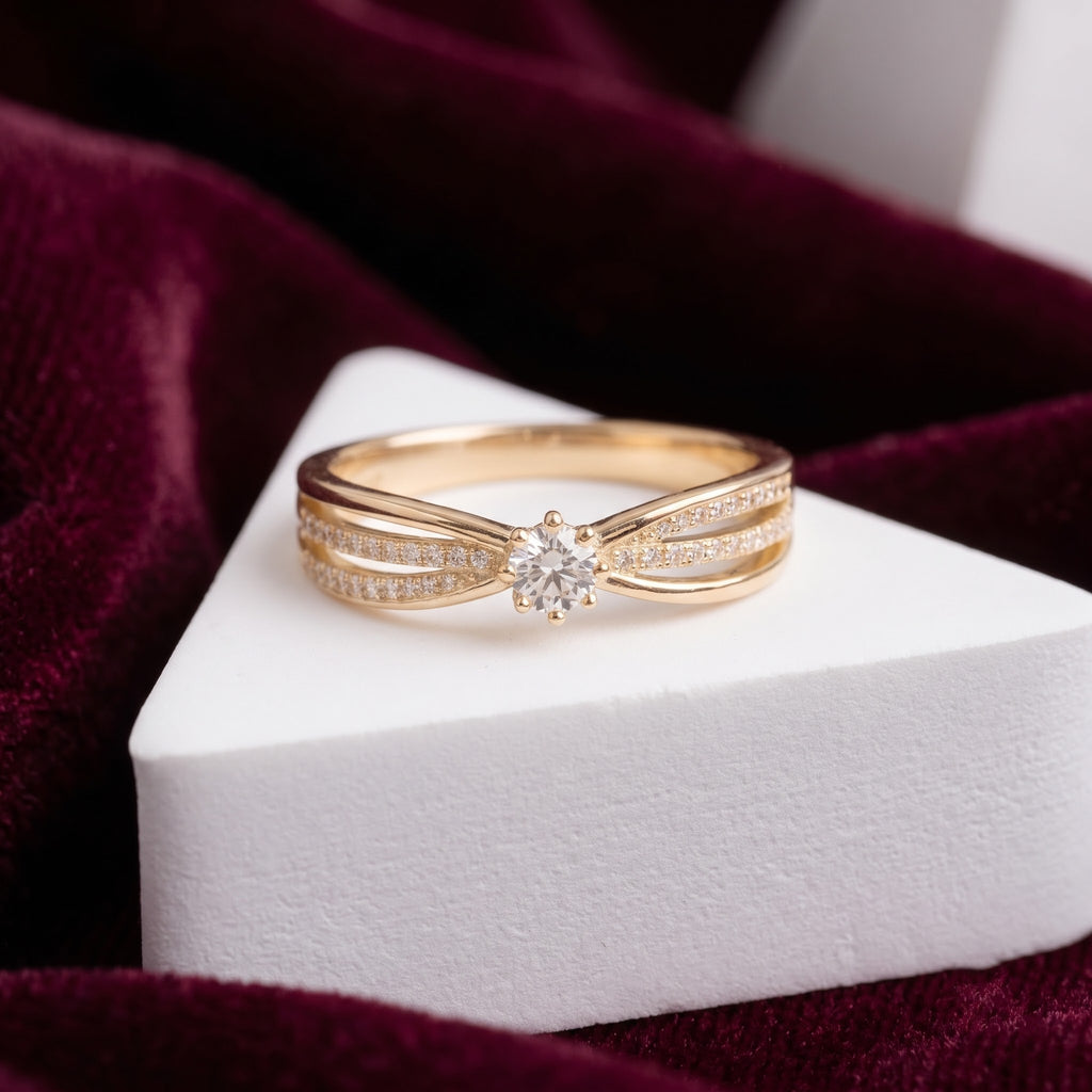 Round Solitaire Ring with Split Accent Band and Sparkling Shoulder Stones, 0.50 CT Diamond Weight, 3.00 g Metal Weight