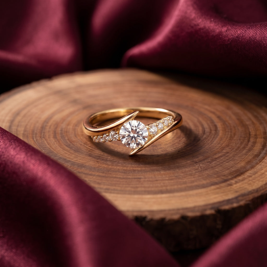Round Solitaire Crossover Ring with Curved Pavé Accent Band, 0.50 CT Diamond Weight, 2.50 g Metal Weight