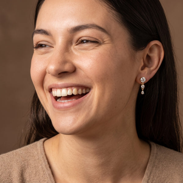 Three-Stone Drop Earrings with Round and Pear-Shaped Diamonds, 1.00 CT Diamond Weight, 3 g Metal Weight