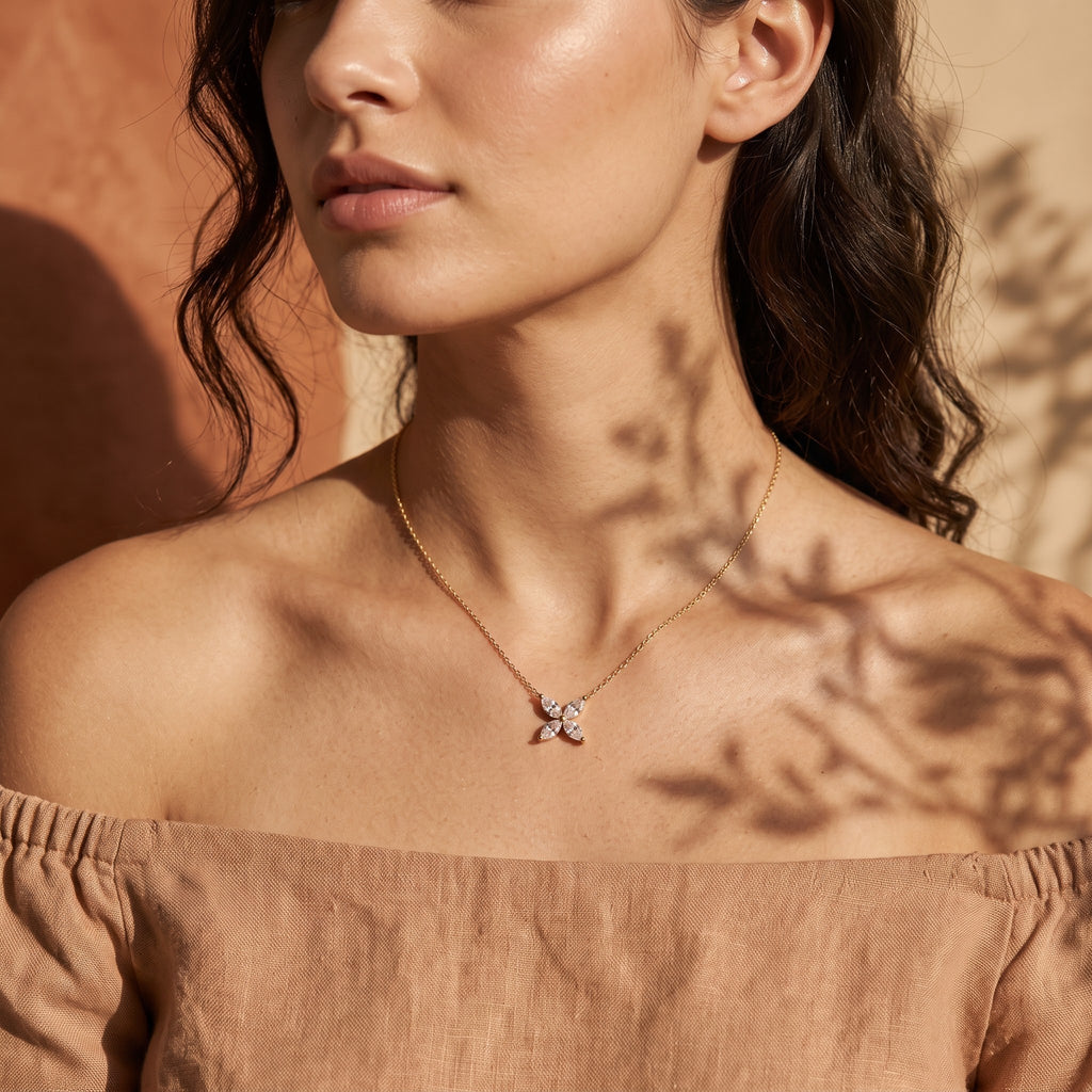 Four Marquise Flower Pendant Necklace with Delicate Chain – 0.40 CT Total Diamond Weight, 2.50 g Metal Weight