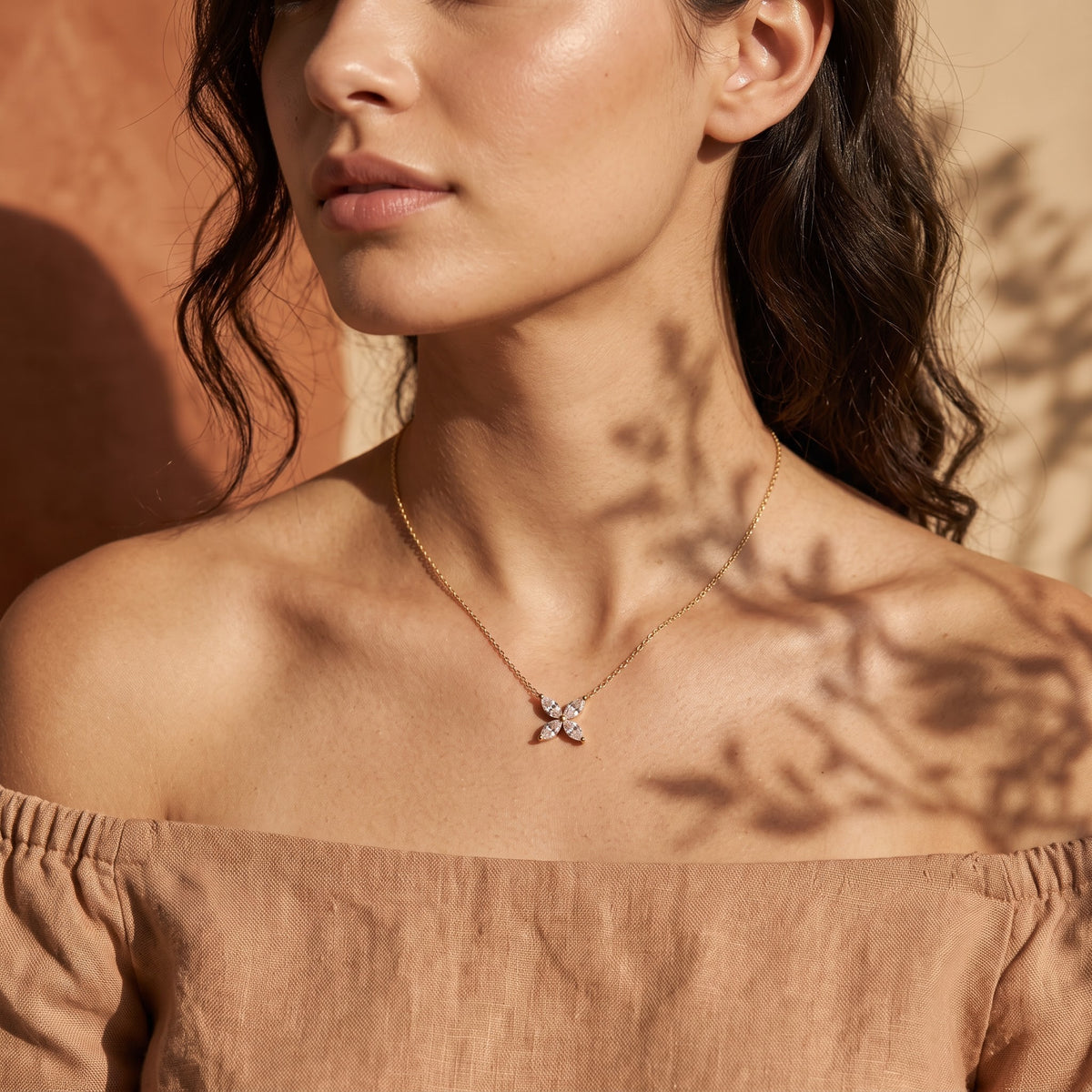 Four Marquise Flower Pendant Necklace with Delicate Chain – 0.40 CT Total Diamond Weight, 2.50 g Metal Weight
