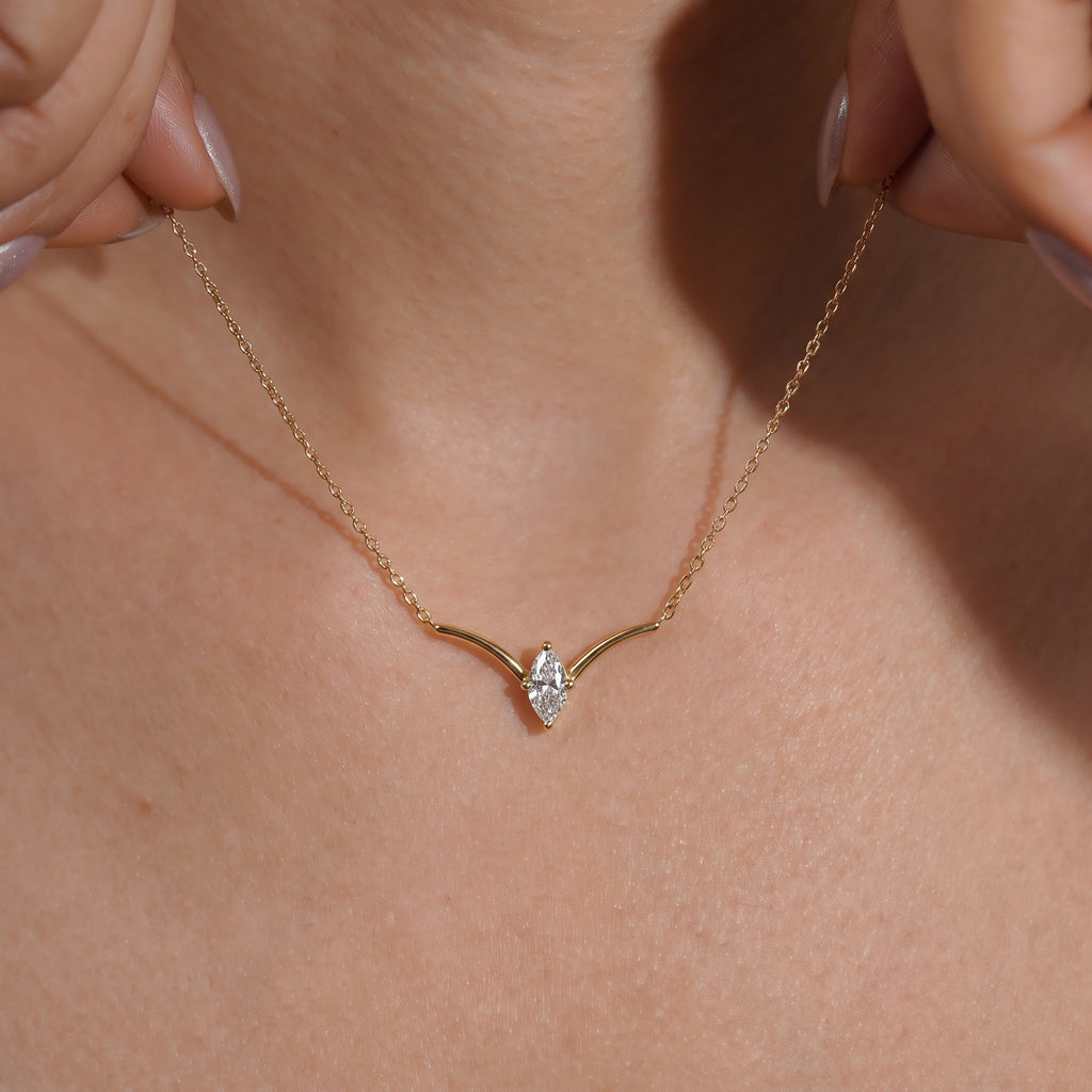 Marquise Diamond Drop Pendant Necklace, Three Stone Design, 0.15 CT Total Diamond Weight