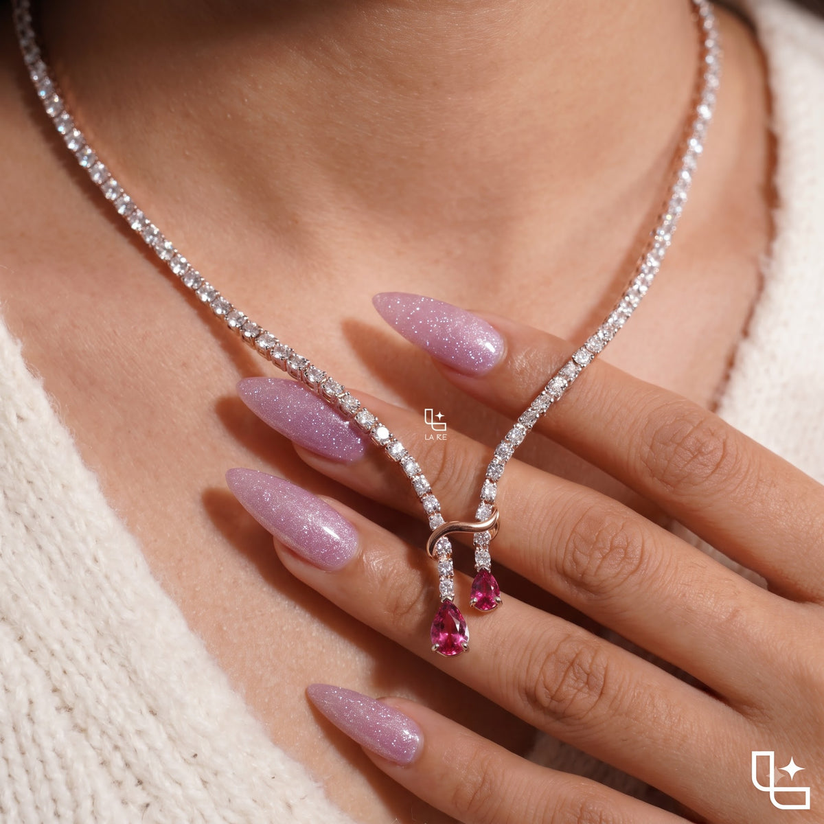 Tennis Necklace with Double Pear Drop Pendant