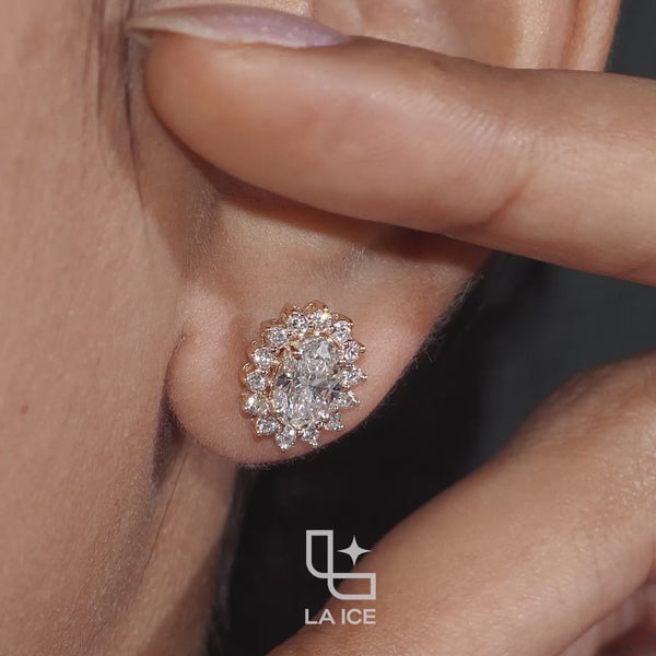 Oval Cut Halo Stud Earrings with Radiant Round Stone Accents, 2.00 CT Total Diamond Weight