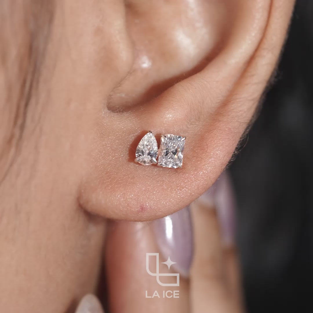 Pear & Radiant Diamond Stud Earrings – Two Stone Diamond Earrings in Rose Gold | Modern Geometric Diamond Earrings for Women