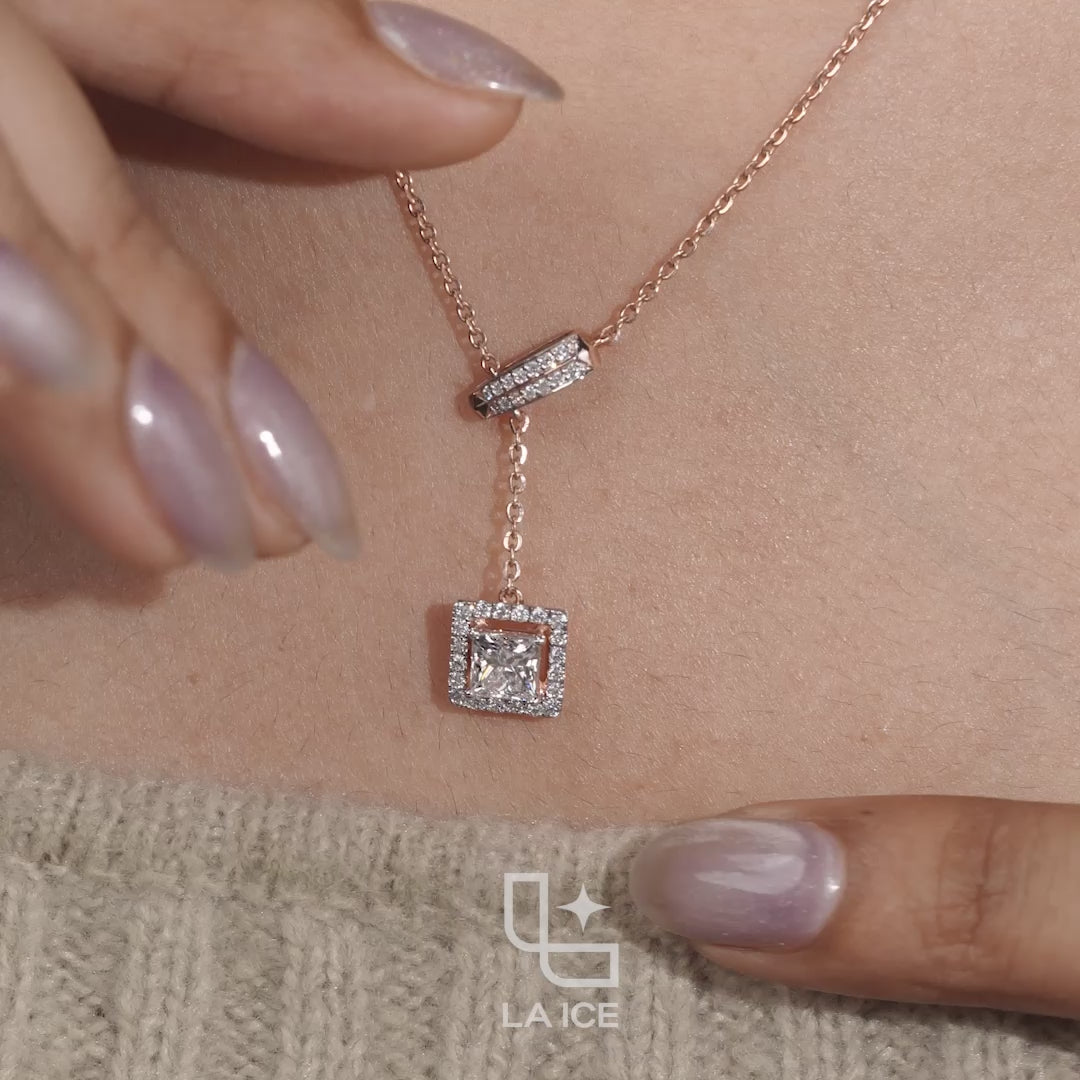 Emerald Cut Halo Drop Necklace with Diamond Sliding Bar Detail