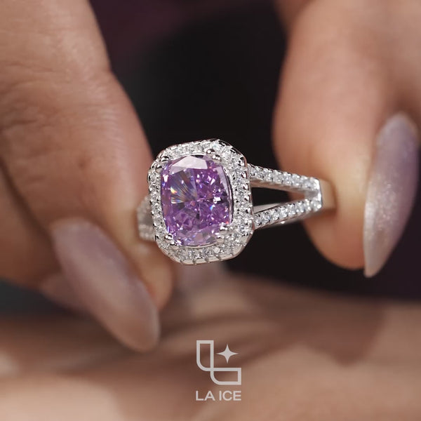 Purple Cushion Cut Halo Engagement Ring with Pavé Split Shank