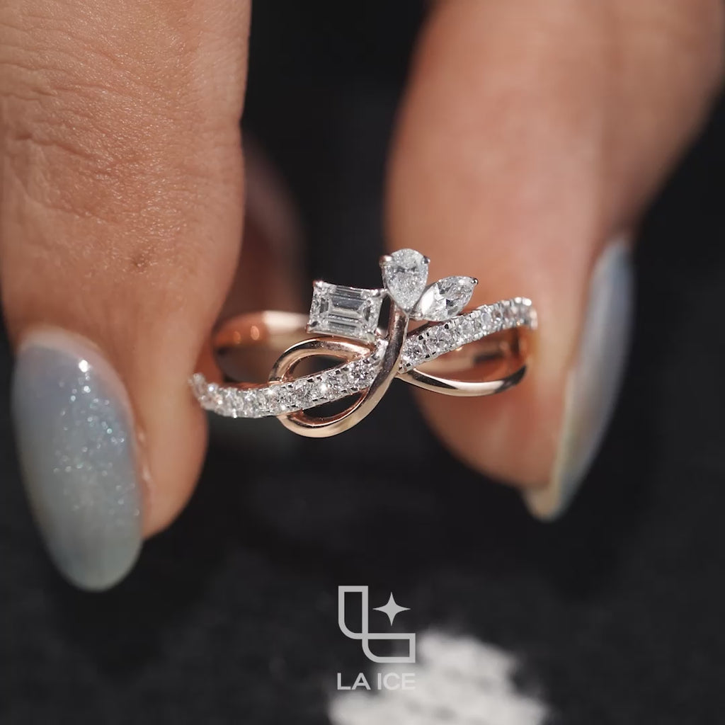 Three Stone Bypass Ring with Emerald Cut Center, Marquise and Pear-Shaped Accents, Pavé Crossover Band, 0.50 CT Center and 0.80 CT Side Diamonds