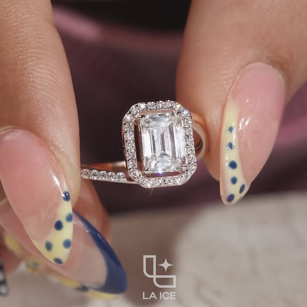 Emerald Cut Halo Engagement Ring with Pavé Accent Band