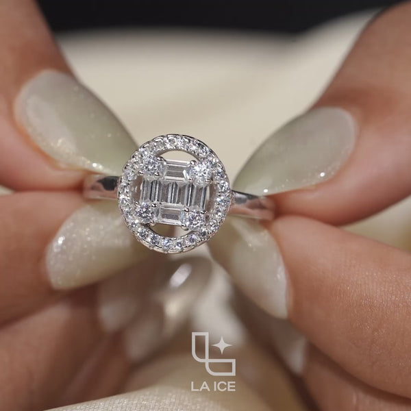 Baguette Cut Cluster Halo Ring with Round Accent Stones