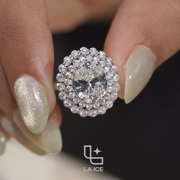 Oval Center Double Halo Cluster Engagement Ring with Multi-Row Diamond Detailing