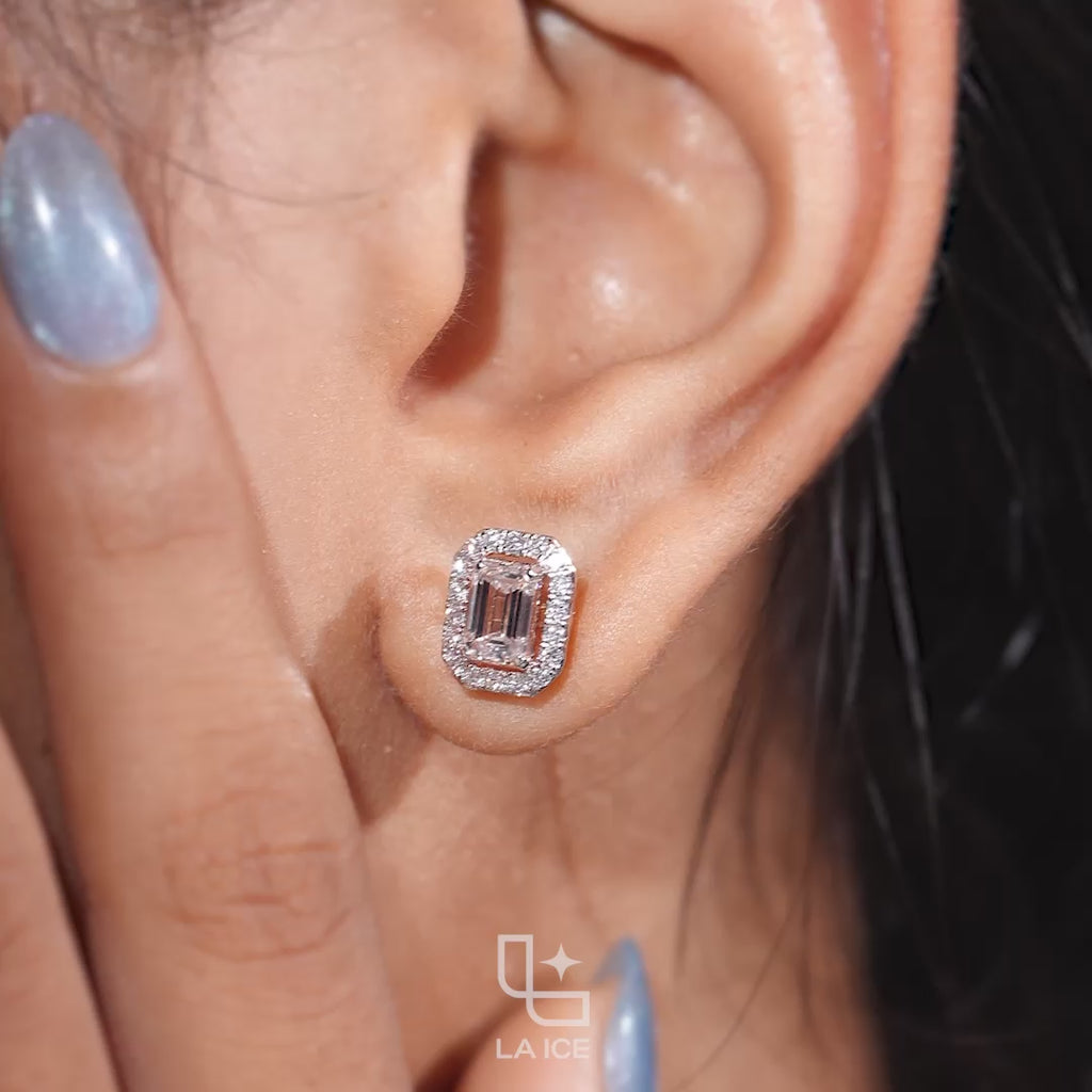 Emerald Cut Halo Stud Earrings with Rounded Rectangle Accent Border, 2.00 CT Total Diamond Weight