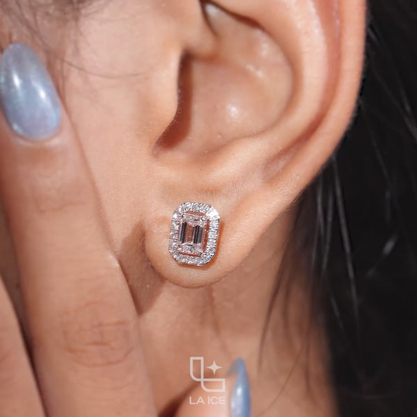 Emerald Cut Halo Stud Earrings with Rounded Rectangle Accent Border, 2.00 CT Total Diamond Weight