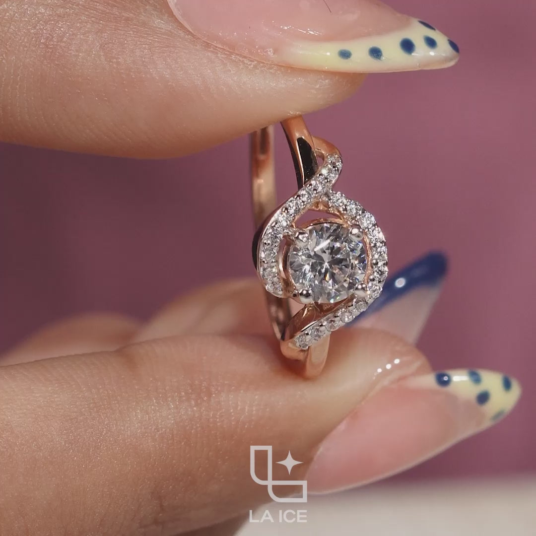 Round Cut Asymmetrical Halo Engagement Ring with Curved Accent Band