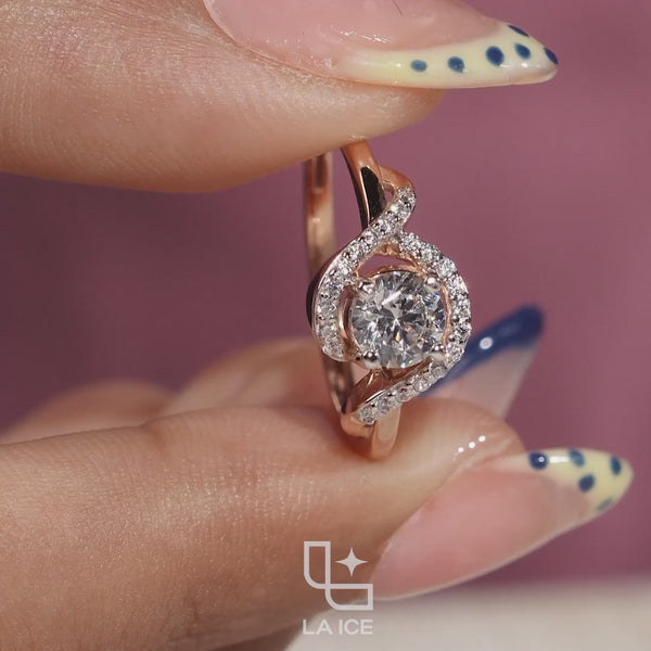 Round Cut Asymmetrical Halo Engagement Ring with Curved Accent Band