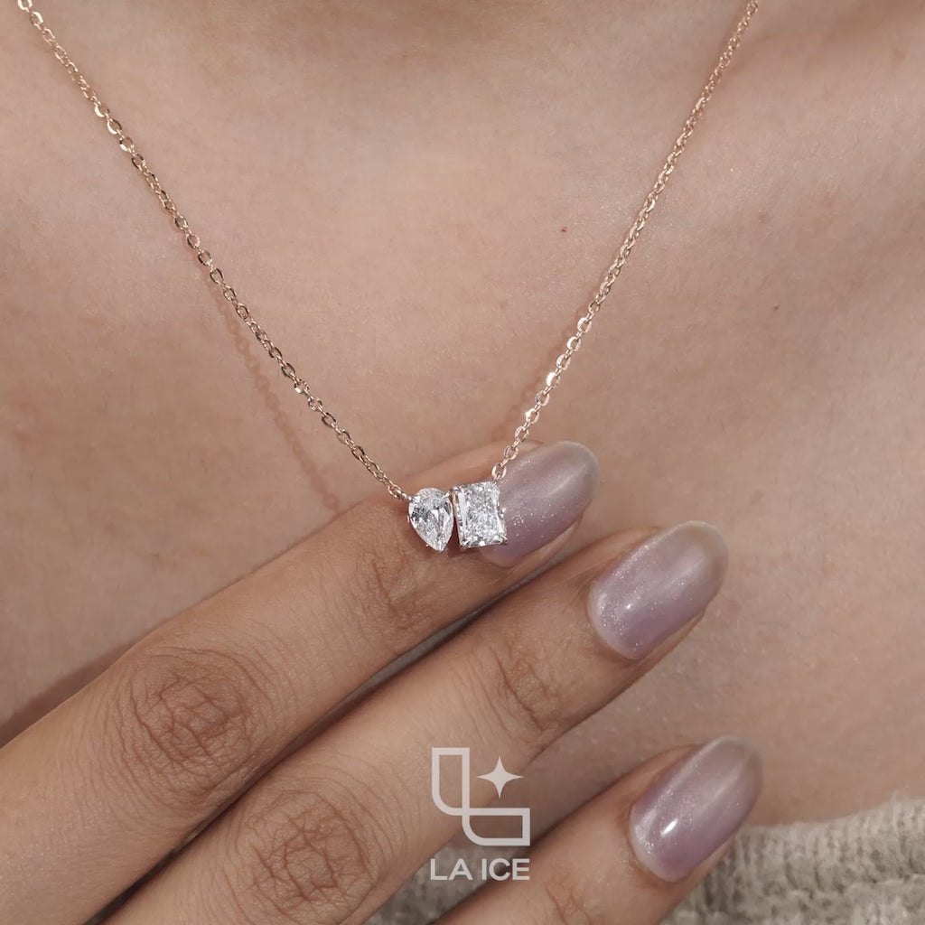 Pear & Radiant Diamond Pendant Necklace – Rose Gold Diamond Necklace | Modern Two-Stone Diamond Pendant for Women