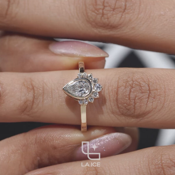 Pear Cut Halo Ring with Round Accent Stones, Elegant Cluster Engagement Ring