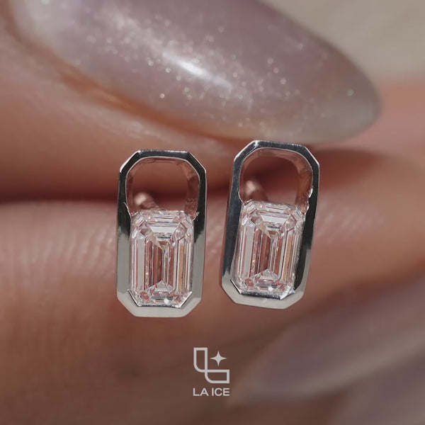 Emerald Cut Stud Earrings with Geometric Octagonal Frames, 1 CT Total Diamond Weight