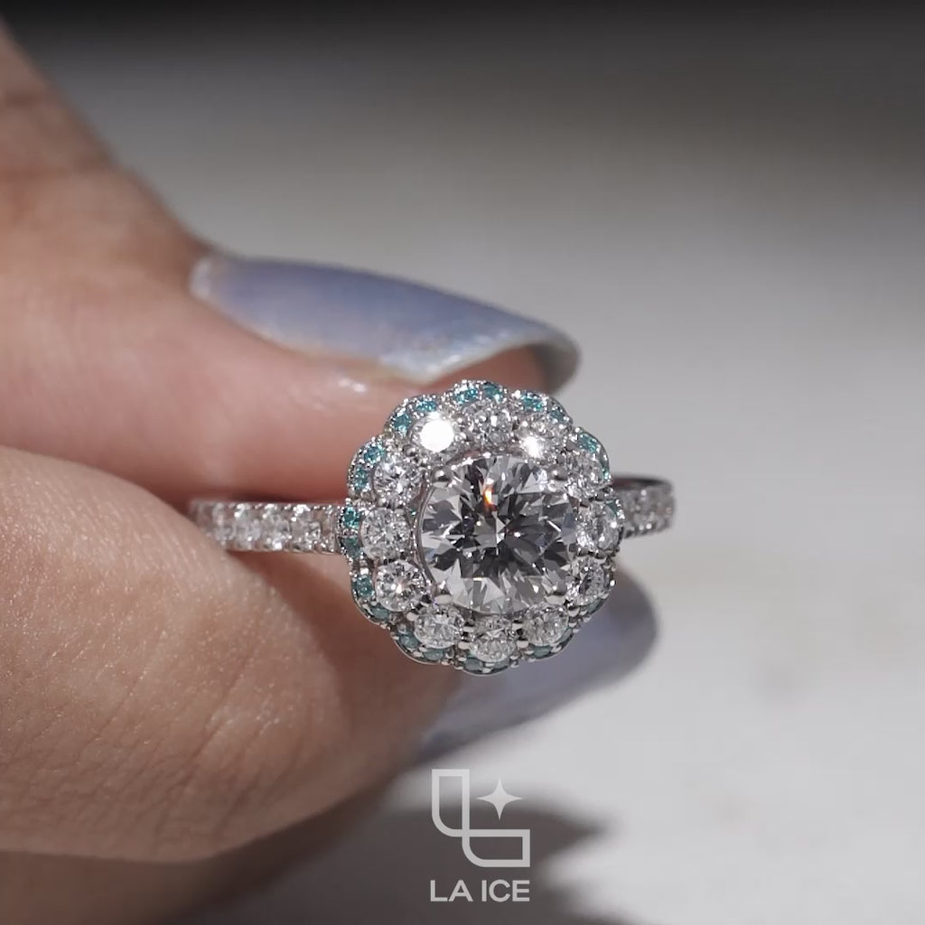 Round Halo Ring with Blue Accent Stones and Pavé Band – 2.20 CT Diamond Weight